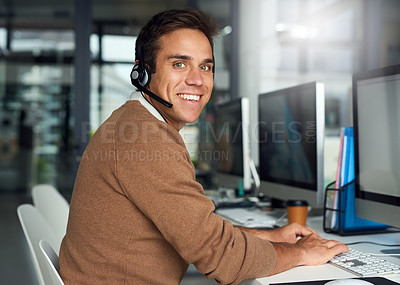Buy stock photo Customer support, telemarketing and portrait of a man in the office doing online consultation on computer. Technology, contact us and male call center consultant working on crm on a pc in workplace.