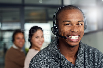Buy stock photo Call center, portrait and male telemarketing consultant in office doing online consultation. Happy, contact us and face of man customer support agent with headset working on crm strategy in workplace