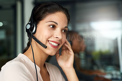 Buy stock photo Call center, woman and consultant with contact us, crm and customer service job with smile. Phone help, sale and web advice employee with happiness from telemarketing and work in office mockup