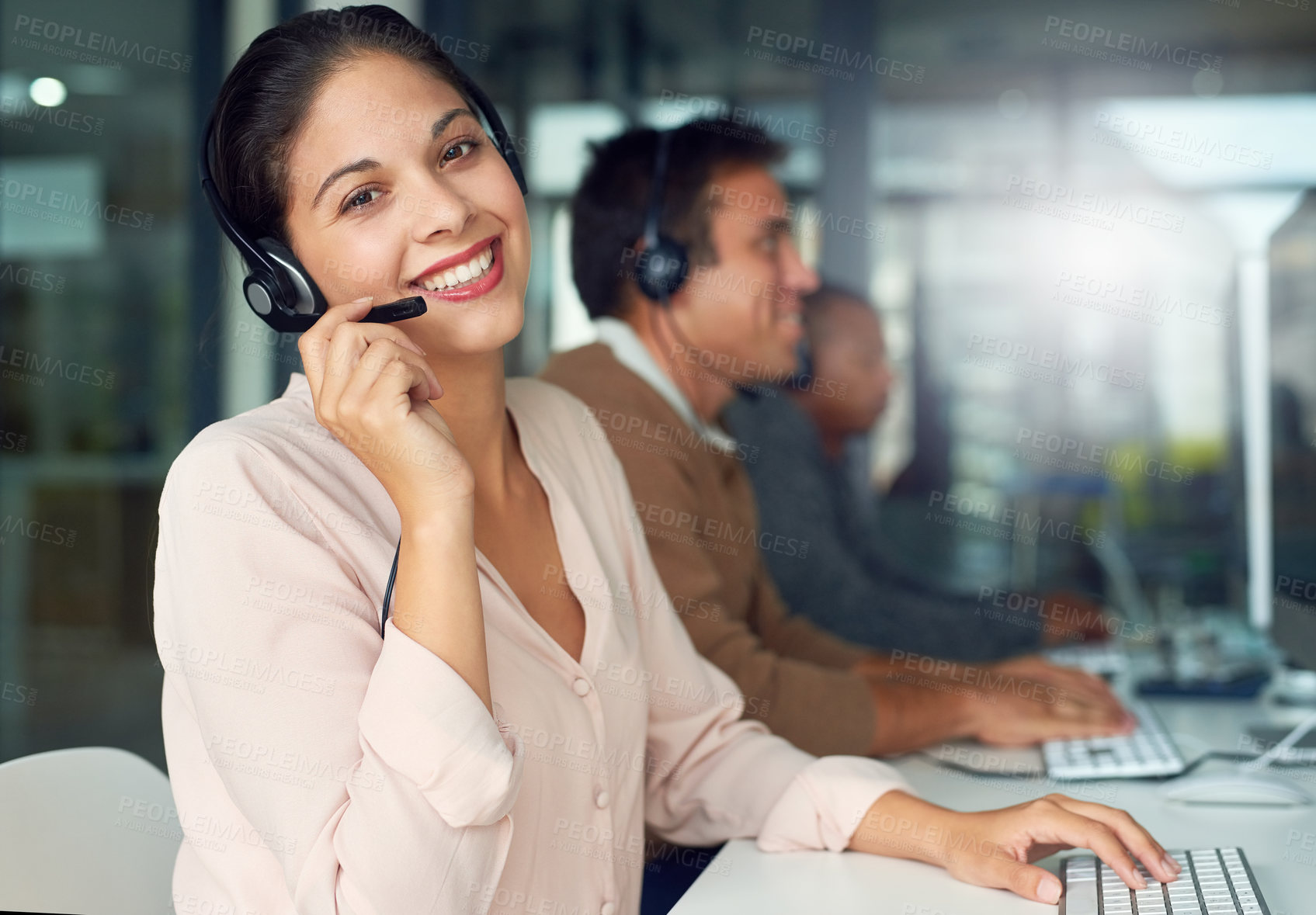 Buy stock photo Call center, woman smile and portrait with contact us, crm and customer service job. Phone help, sale and web advice employee with happiness from telemarketing and internet work on office desk