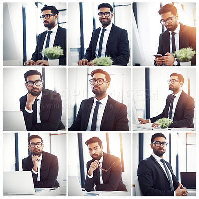 Buy stock photo Composite shot of a young businessman working at his desk in the office