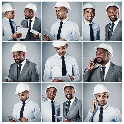 Buy stock photo Composite shot of two well-dressed contractors posing against a gray background in the studio