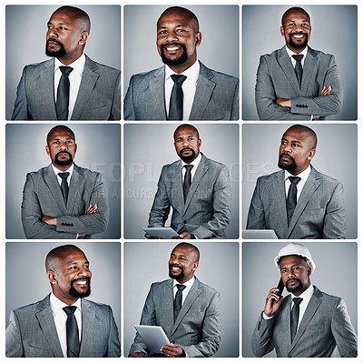 Buy stock photo Composite shot of a confident businessman posing against a gray background in the studio
