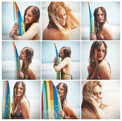 Buy stock photo Composite shot of a happy young surfer posing with her surfboard on the beach