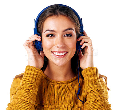 Buy stock photo Radio, portrait and woman in studio with headphones for music, audio on white background space. Listen, girl and face of happy, smile and model relax with streaming, track and playlist while isolated