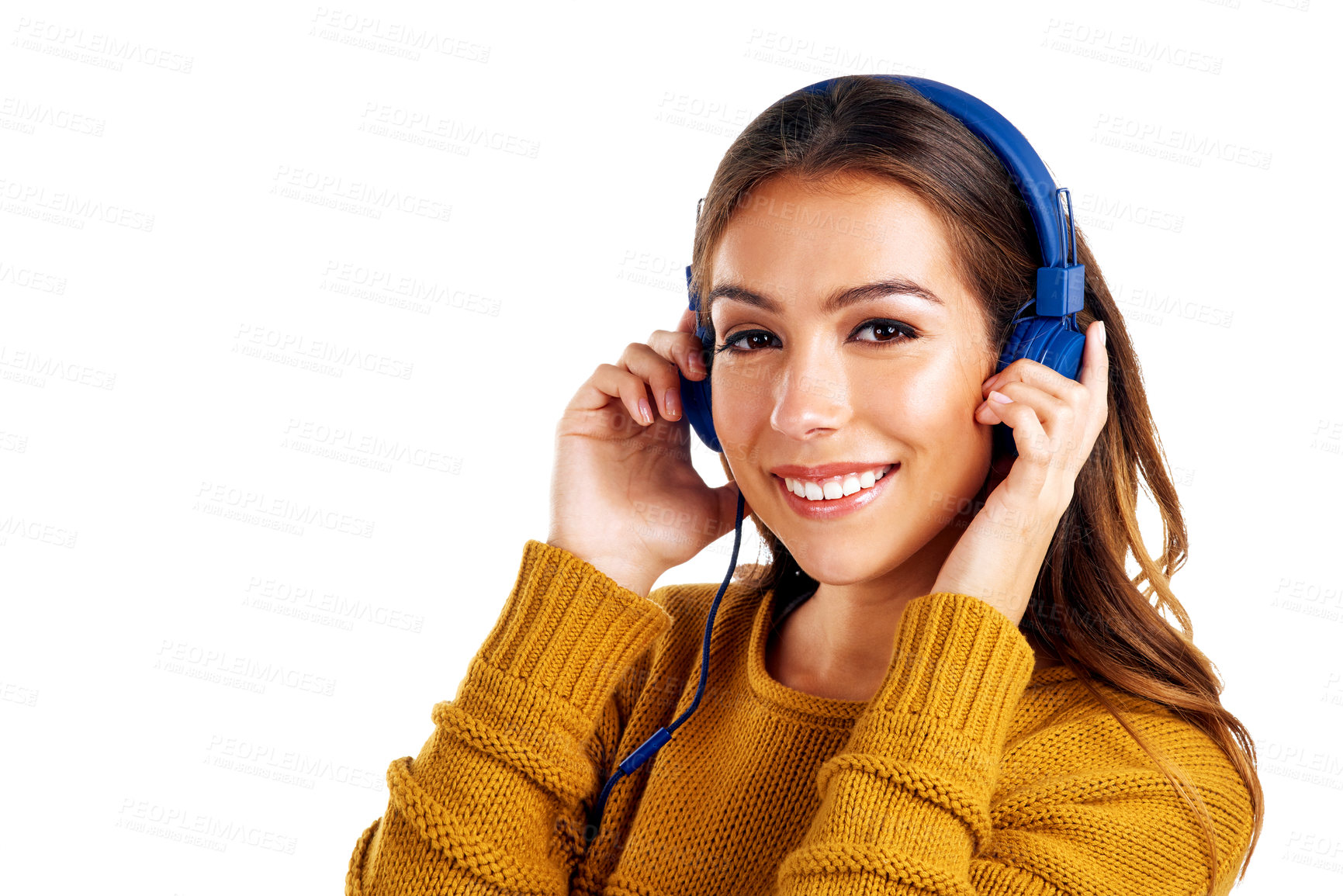 Buy stock photo Woman, portrait and headphones for music in studio, audio and streaming on white background. Face, girl and happy smile with and student relax with radio, track and playlist while standing isolated
