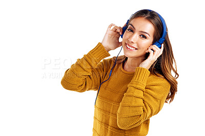 Buy stock photo Music, portrait and woman with headphones in studio for dance, audio and fun on white background. Radio, earphones and face of girl, happy and smile for streaming, playlist and track while isolated