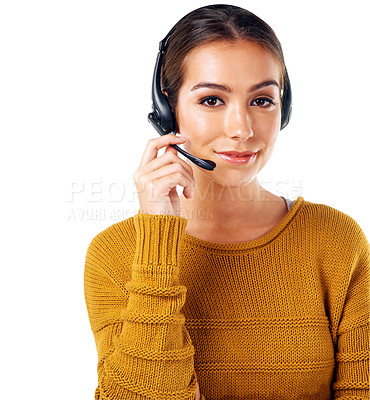 Buy stock photo Call center, smile and portrait of woman isolated with consulting and communication on white background. Telemarketing, crm and girl in headset at help desk for customer service phone call in studio.