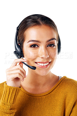 Buy stock photo Telemarketing, crm and portrait of woman with white background with smile, isolated with communication. Call center, customer support and girl in headset at help desk for customer service in studio.