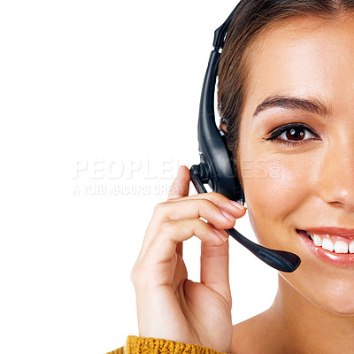 Buy stock photo Call center, mockup and half face of woman isolated with communication on call on white background. Telemarketing, crm and portrait of girl in headset, consultant at customer service agency in studio