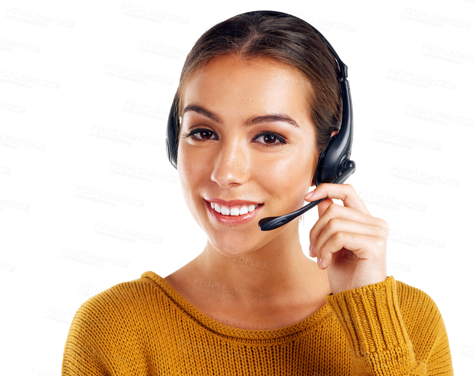 Buy stock photo Call center, contact us and face of woman isolated with smile and communication on white background. Telemarketing, crm and girl in portrait at help desk for customer service phone call in studio.