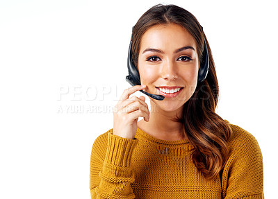 Buy stock photo Call center, telemarketing and portrait of woman with smile and communication isolated on white background. Customer service, crm and b2b girl in headset at help desk for customer support in studio.