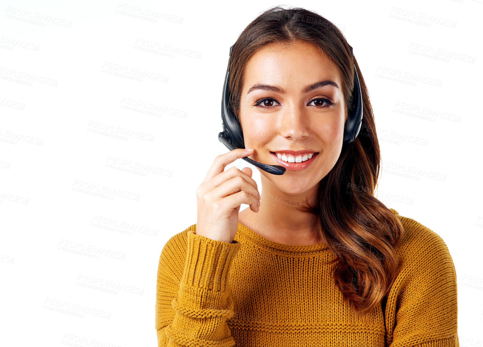 Buy stock photo Call center, telemarketing and portrait of woman with smile and communication isolated on white background. Customer service, crm and b2b girl in headset at help desk for customer support in studio.