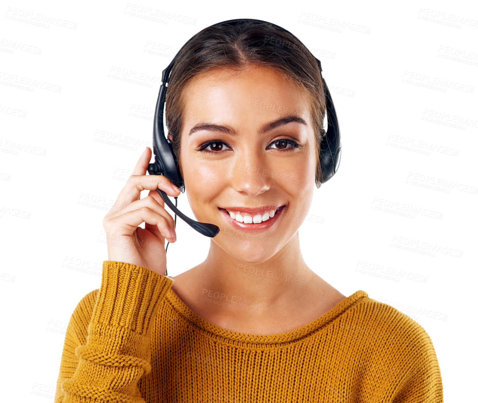 Buy stock photo Call center, telemarketing and portrait of happy woman isolated with smile and communication on white background. Telesales, crm and help, woman in headset at consulting at customer service studio.