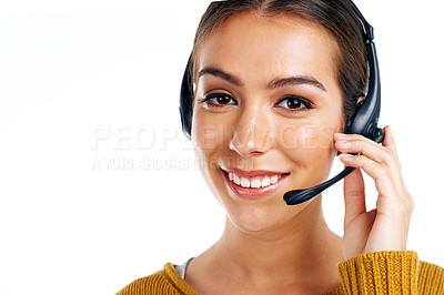 Buy stock photo Telemarketing, product placement and portrait of woman isolated with smile on white background. Call center agency, crm and girl in headset at advisory startup for customer service in studio mock up.