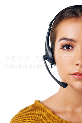 Buy stock photo Call center, crm and half face of woman isolated and consulting with communication on white background. Telemarketing, sales and portrait of girl in headset at help desk or advisory agency in studio.