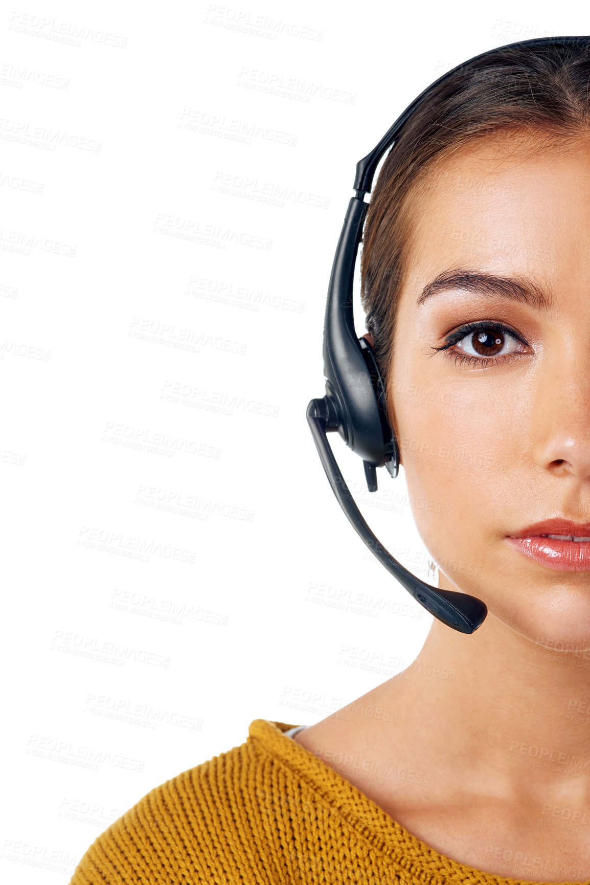 Buy stock photo Call center, crm and half face of woman isolated and consulting with communication on white background. Telemarketing, sales and portrait of girl in headset at help desk or advisory agency in studio.