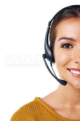 Buy stock photo Call center, consultant and cropped portrait of woman isolated with smile and communication on white background. Telemarketing, crm and half face of girl in headset at customer service job in studio.