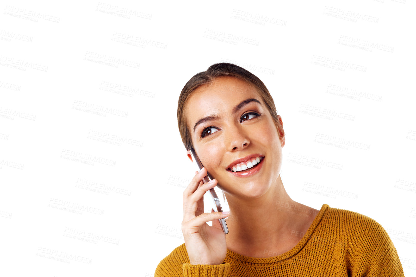 Buy stock photo Woman, happy and studio with phone, communication and conversation on mobile network by white background. Model, phone call and isolated for phone technology, networking and talk with digital tech