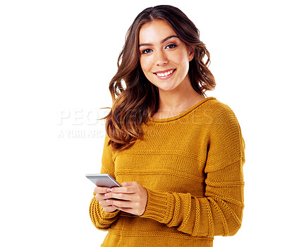 Buy stock photo Portrait of happy woman with phone isolated and typing email, or message on white background mockup. Communication, technology and smartphone, social media influencer networking and surfing internet.