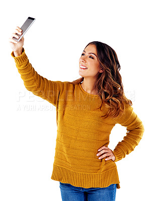 Buy stock photo Young woman, selfie and smartphone for happiness, confidence and female person isolated on white studio background. Girl, lady and cellphone for pictures, share on social media and digital connection