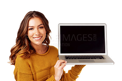 Buy stock photo Student, portrait or laptop mockup screen on isolated white background for college elearning, education or studying app. Smile, happy, and woman on technology mock up for university website course 