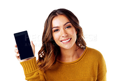 Buy stock photo Woman, studio portrait and holding phone for communication, social media or mobile digital tech by white background. Model, happy and isolated for phone technology, networking or smile for smartphone