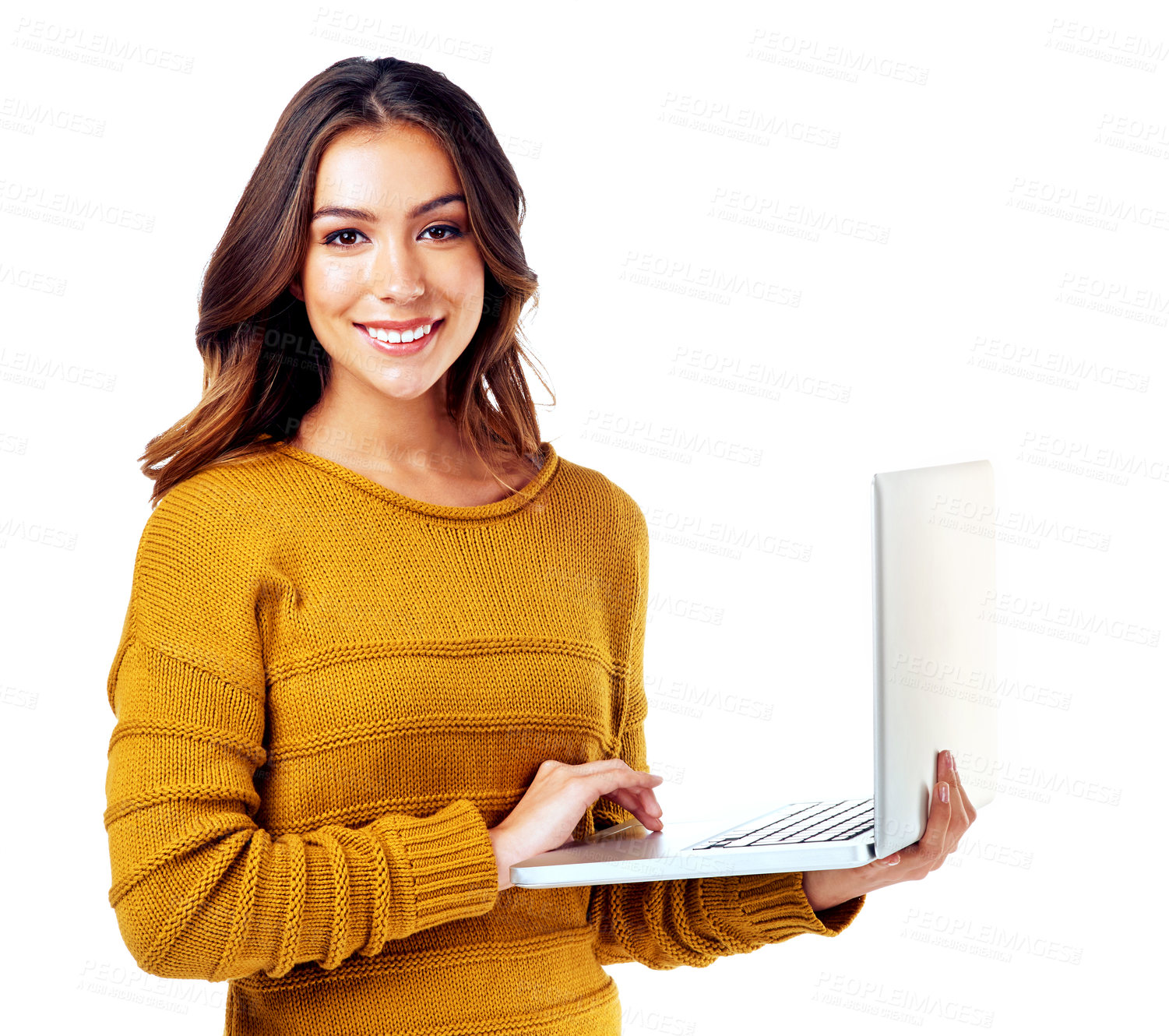 Buy stock photo Woman, studio portrait and laptop for software, communication or coding by white background. Isolated model, mobile computer and smile for cybersecurity, programming or email with web connection