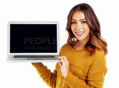 Buy stock photo Woman, portrait or laptop mockup screen on isolated white background for college elearning, video call or ecommerce. Smile, happy or model on technology mock up for logo branding or digital marketing