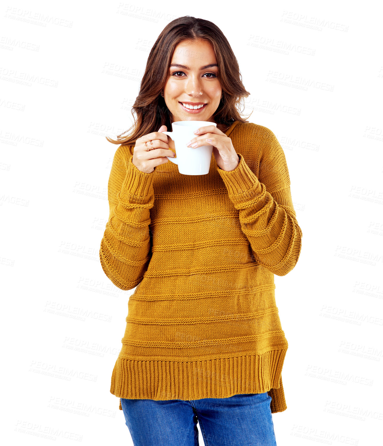 Buy stock photo Model, portrait and drinking coffee on isolated white background, marketing space or advertising mock up. Smile, happy and relax woman with tea cup for cafe, coffee shop or restaurant promotion ideas