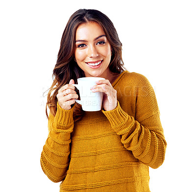 Buy stock photo Woman, portrait and drinking coffee on isolated white background, marketing space or advertising mock up. Smile, happy and relax model with tea cup for cafe, coffee shop or restaurant promotion ideas