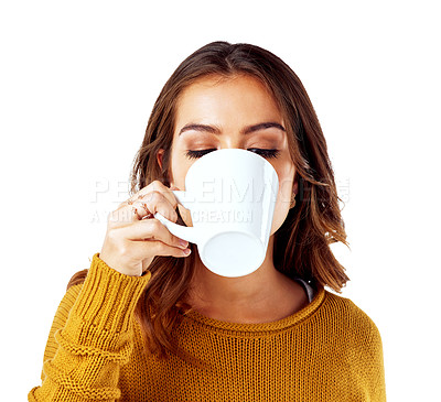 Buy stock photo Model, beverage or drinking coffee on isolated white background, marketing space or advertising mock up. Woman, relax or break with tea cup for cafe, coffee shop brand or restaurant promotion mockup