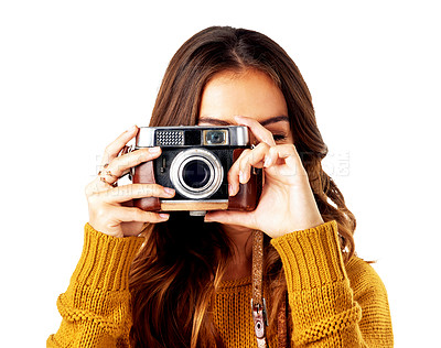 Buy stock photo Photography woman, holding camera and studio for creativity, photoshoot or blog content by white background. Isolated photographer, creative and retro tech for photo, picture or art for artist career