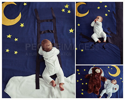 Buy stock photo Composite of an adorable baby boy against various imaginary night time backgrounds