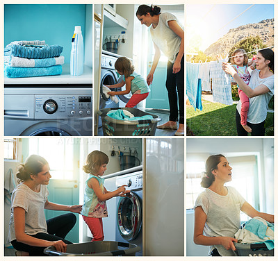 Buy stock photo Composite of a young woman and her daughter doing various laundry related tasks