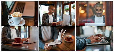 Buy stock photo Composite of a young man using a laptop, reading a book and having coffee at a cafe
