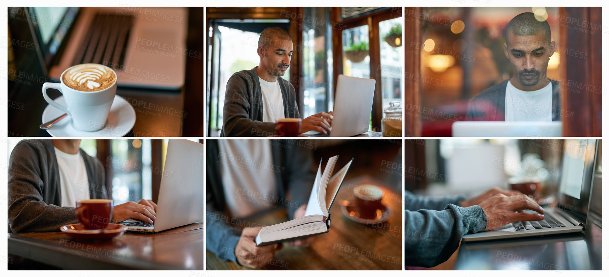 Buy stock photo Composite of a young man using a laptop, reading a book and having coffee at a cafe