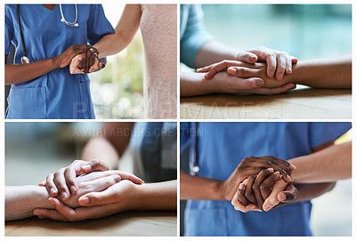 Buy stock photo Composite of a compassionate doctor holding a patient’s hand