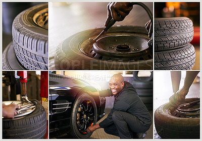 Buy stock photo Composite of a mechanic working in a garage and closeups of tires