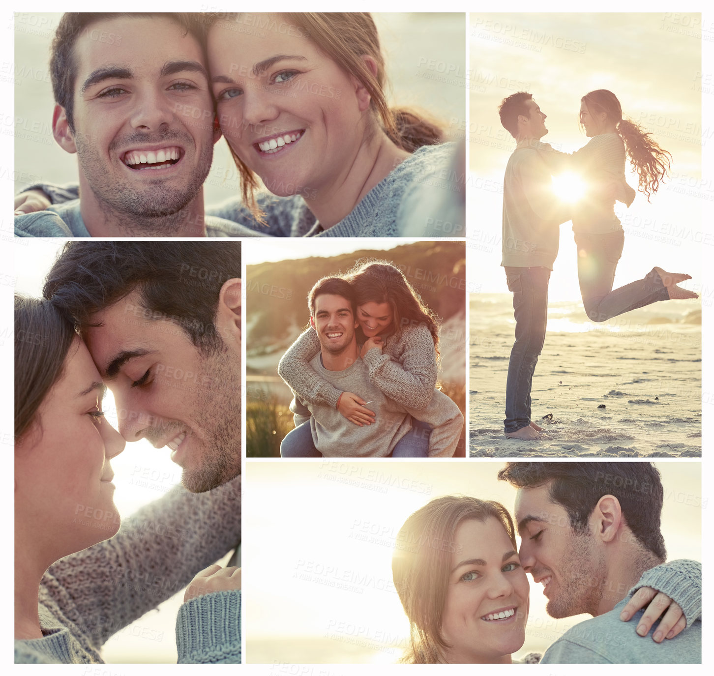 Buy stock photo Composite of a happy young couple in various romantic moments outdoors