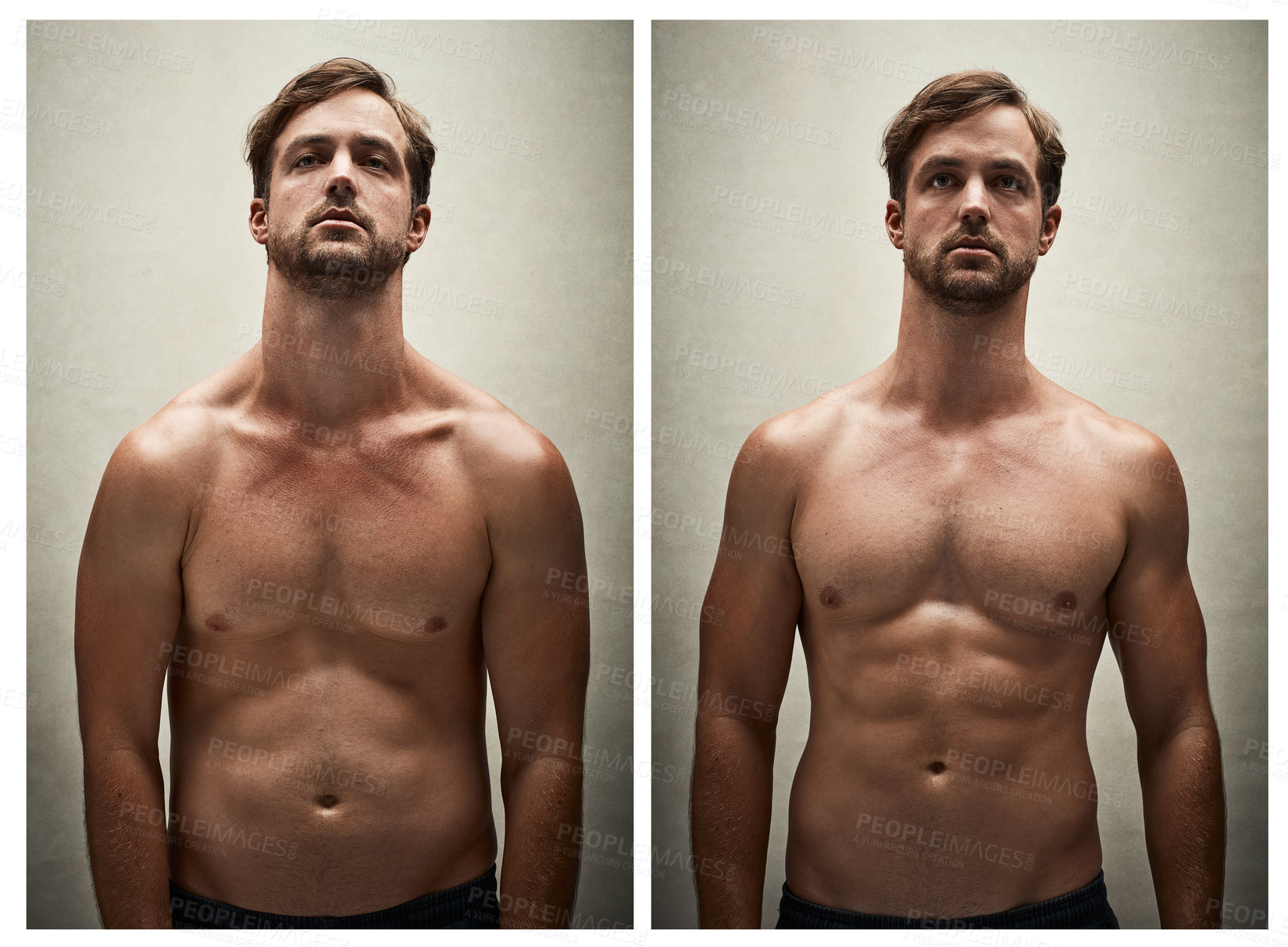 Buy stock photo Before and after studio shot of a shirtless young man working on his physique