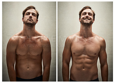 Buy stock photo Before and after studio shot of a shirtless young man working on his physique