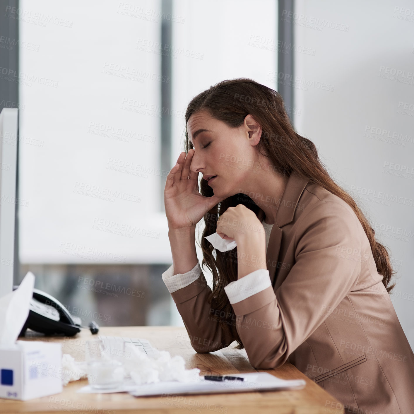 Buy stock photo Career, woman and headache in pain or fever symptom with migraine as admin in office for medic or doctor. Female person, worker and sick or unhealthy with reaction in season in workplace with allergy