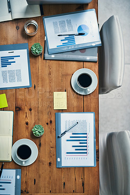 Buy stock photo High angle shot of a boardroom table
