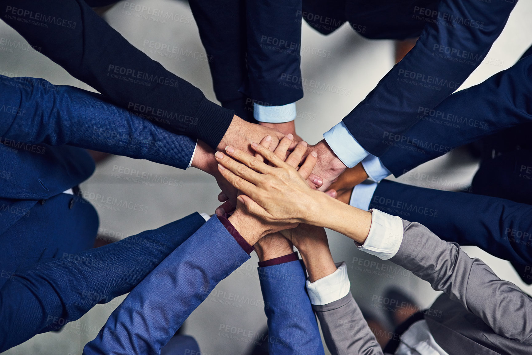 Buy stock photo Business people, stack of hands and teamwork in office for community, solidarity or collaboration. Above, huddle and group of employees with unity for motivation, partnership or support in workplace