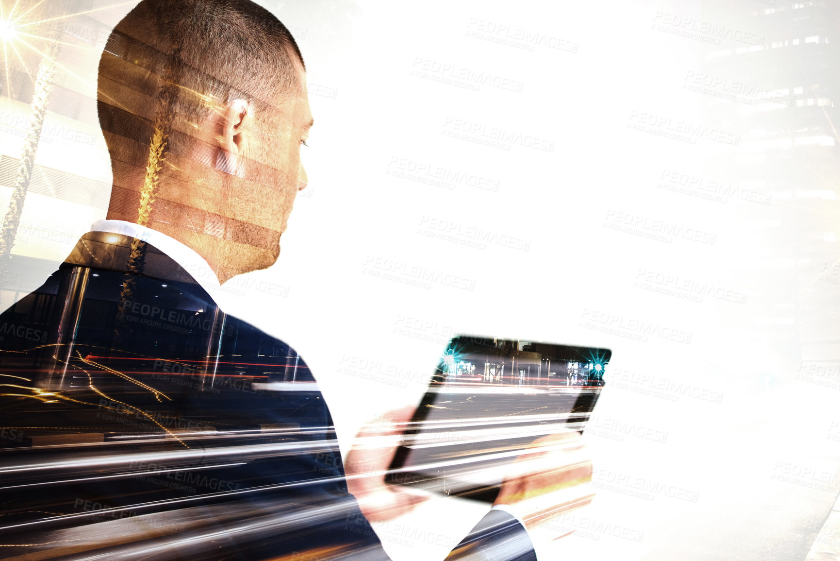 Buy stock photo Multiple exposure shot of a mature businessman using a digital tablet superimposed over a cityscape