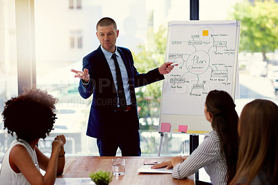 Buy stock photo Meeting, presentation and whiteboard with a business man talking to his team in an office during a workshop. Planning, strategy or management with a male coach teaching his staff about company vision