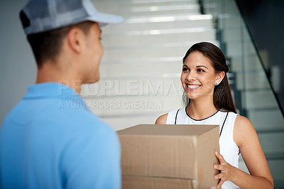 Buy stock photo Customer, delivery guy or happy woman with box for ecommerce distribution or online shopping. Shipping services, smile or friendly courier man giving cardboard parcel, product or package in home