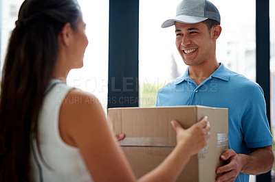 Buy stock photo Front door, delivery guy or box of a happy customer for ecommerce distribution or online shopping. Shipping services, home or friendly courier man giving cardboard parcel, product or package to woman