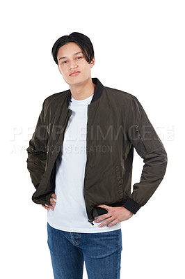 Buy stock photo Handsome, young and portrait of a happy Asian man isolated on a white background in studio. Attractive, stylish and smile of a Japanese model with confidence, style and relaxed on a studio background
